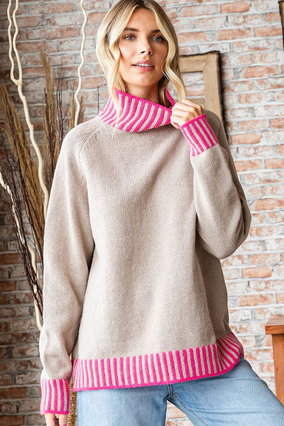 Striped Hemline Turtleneck Sweater