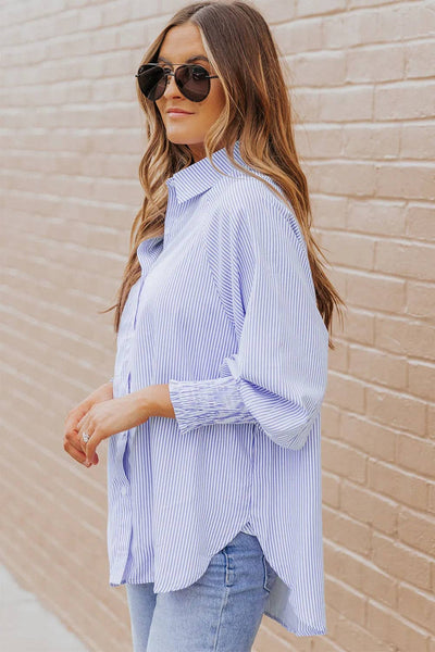 Smocked Cuff Striped Boyfriend Shirt