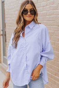 Smocked Cuff Striped Boyfriend Shirt