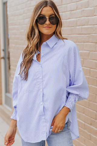 Smocked Cuff Striped Boyfriend Shirt